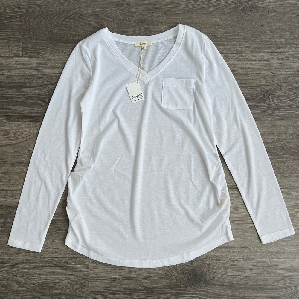 SPLENDID Eco Long Sleeve Ruched Maternity Tshirt XS White Pocket V-Neck Casual